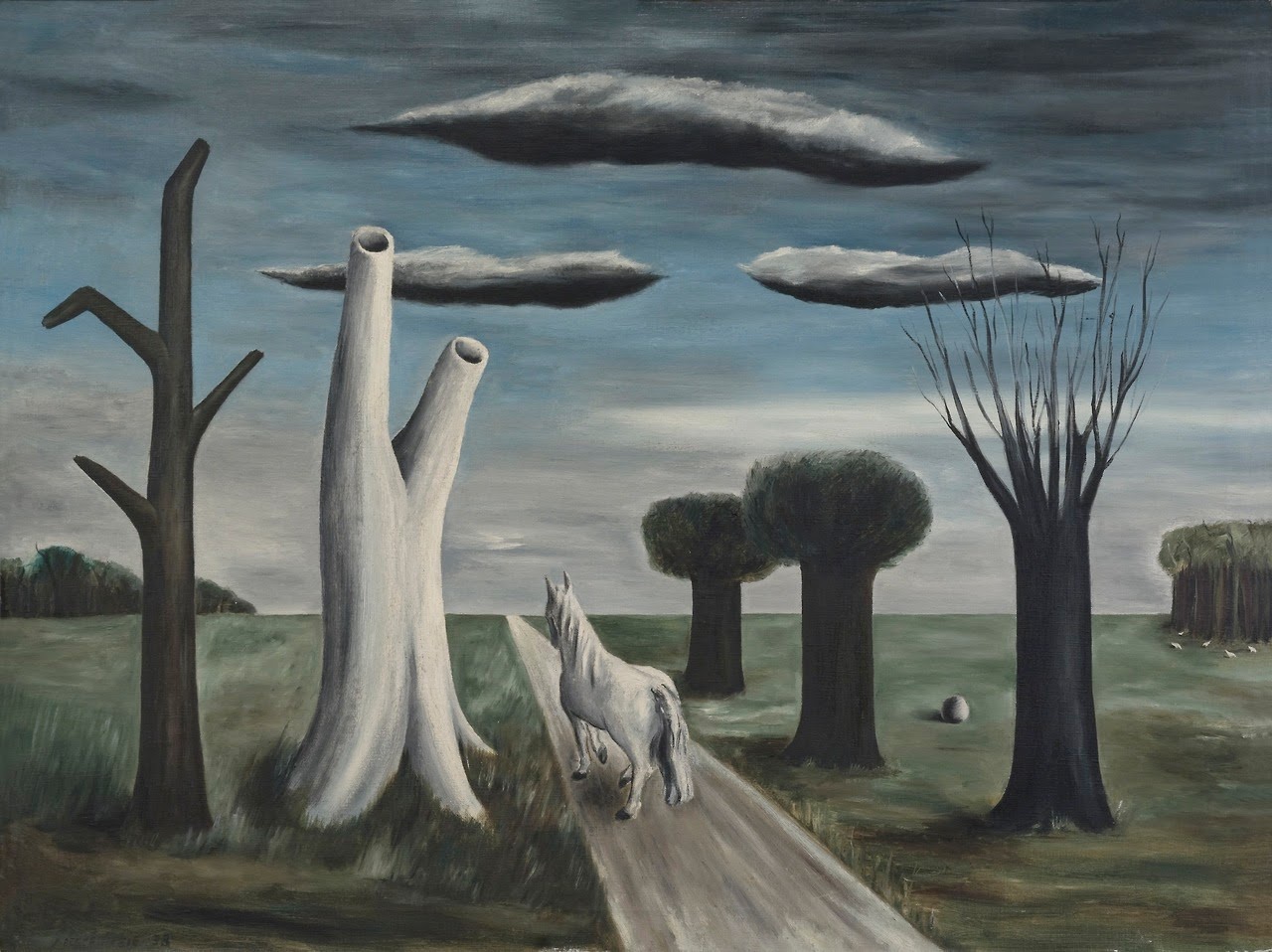 Surreal landscape painting by Gertrude Abercrombie, featuring ghostly white figures resembling trees against a brooding sky, a solitary white horse on a path, and distinct, topiary-like trees, encapsulating Abercrombie's signature style ideal for collectors seeking to buy original art from influential surrealists, enhancing their art gallery or private collection.