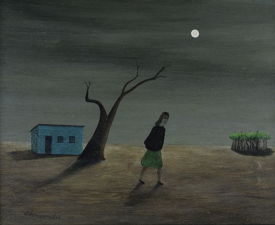 1945 Gertrude Abercrombie painting 'Girl Searching,' depicting a lone female figure in a green skirt and black top on a desolate landscape with a barren tree and a small blue house under a full moon, embodying themes of solitude and introspection, ideal for art investors and collectors looking to acquire evocative and original art from celebrated American surrealists.