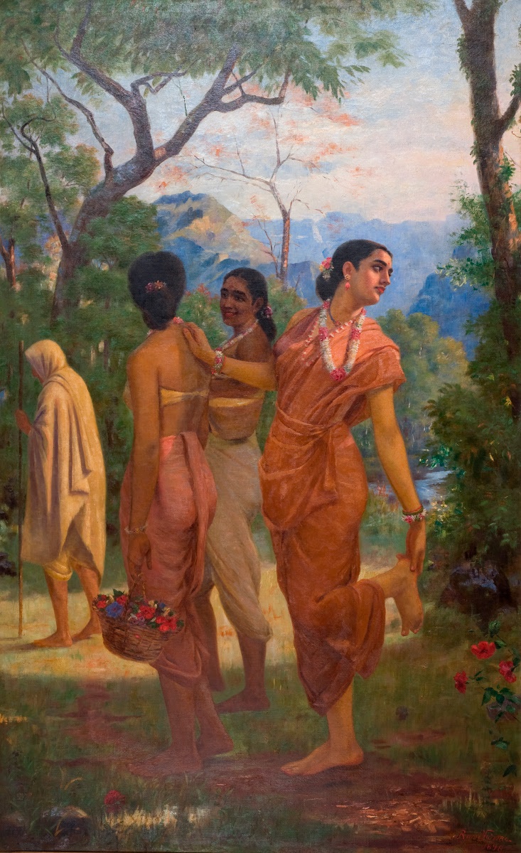 Painting titled 'Shakuntala Removing a Thorn from Her Foot' by Ravi Varma, 1898, depicting the mythological character Shakuntala in a forest setting, gracefully seated while removing a thorn from her foot, showcasing Ravi Varma's mastery in blending Indian mythology with realism.