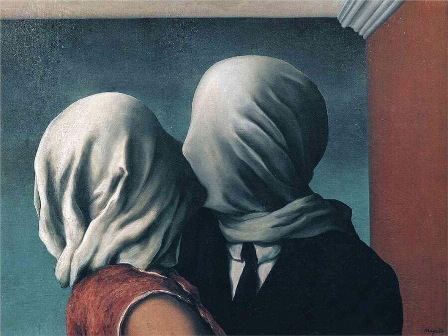 René Magritte's 'The Lovers' (1928), displayed at MoMA, New York, is a profound Surrealist painting depicting two figures shrouded with white cloths over their heads, engaged in an obscured kiss. The artwork challenges viewers' perceptions of intimacy and identity, embodying Magritte's fascination with the hidden aspects of human experience.