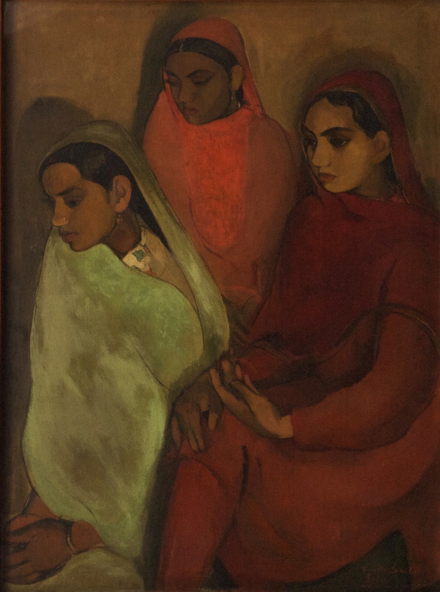 1935 painting 'Three Girls' by Amrita Sher-Gil, featuring a trio of young women in traditional attire, rendered in earthy tones, reflecting the introspective and somber mood characteristic of Sher-Gil's work and highlighting her focus on the lives of Indian women.