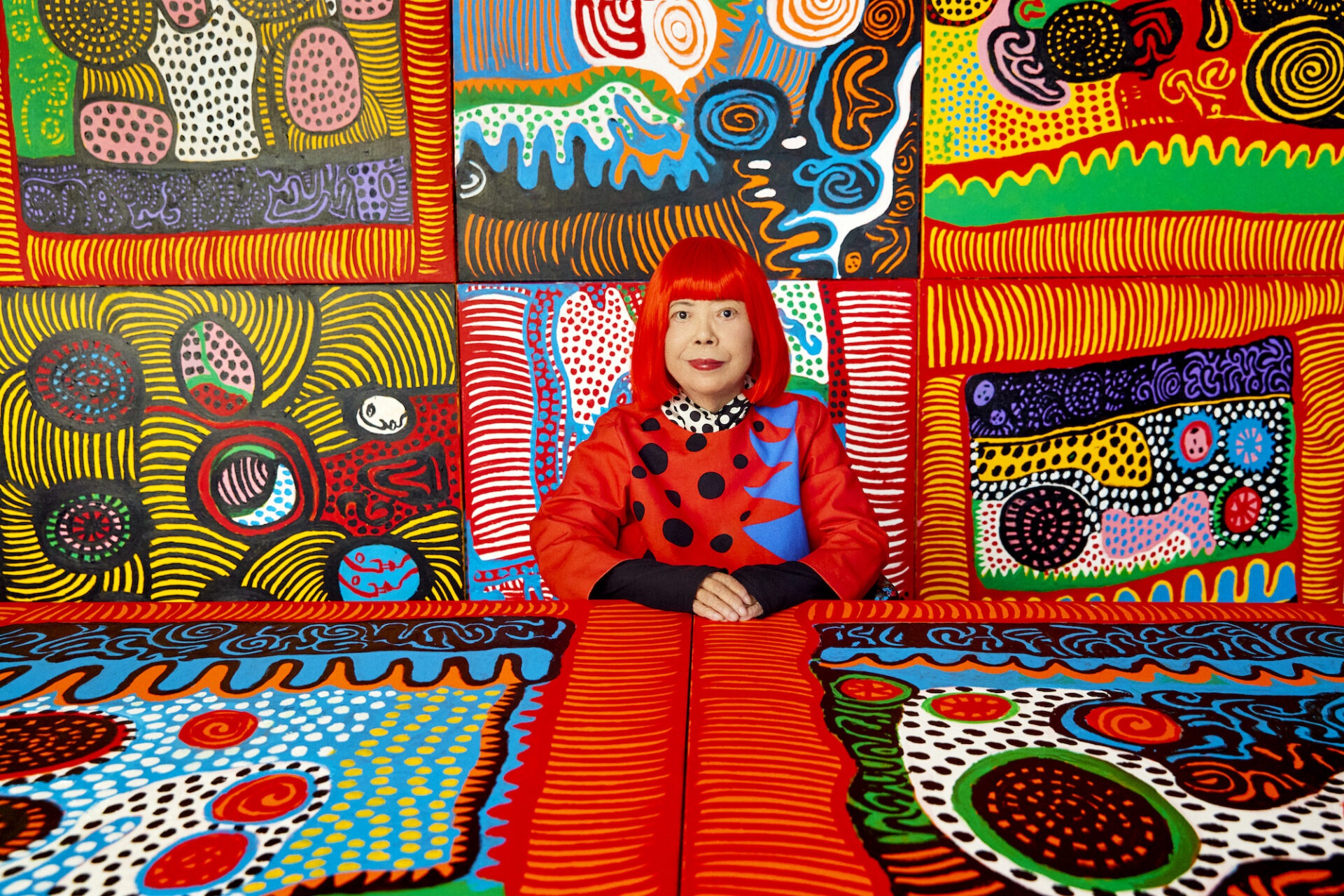 Portrait of the Japanese artist Yayoi Kusama. She was the best selling artist at auction in 2023, fetching $80 million dollars and surpassing David Hockney and Yoshitomo Nara.